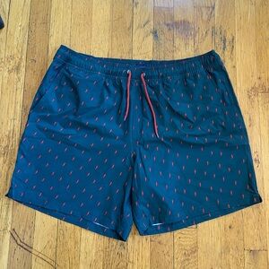 J Crew Men’s Flex Swimwear Swim Trunks Green with Red Lightning Size Large (L)